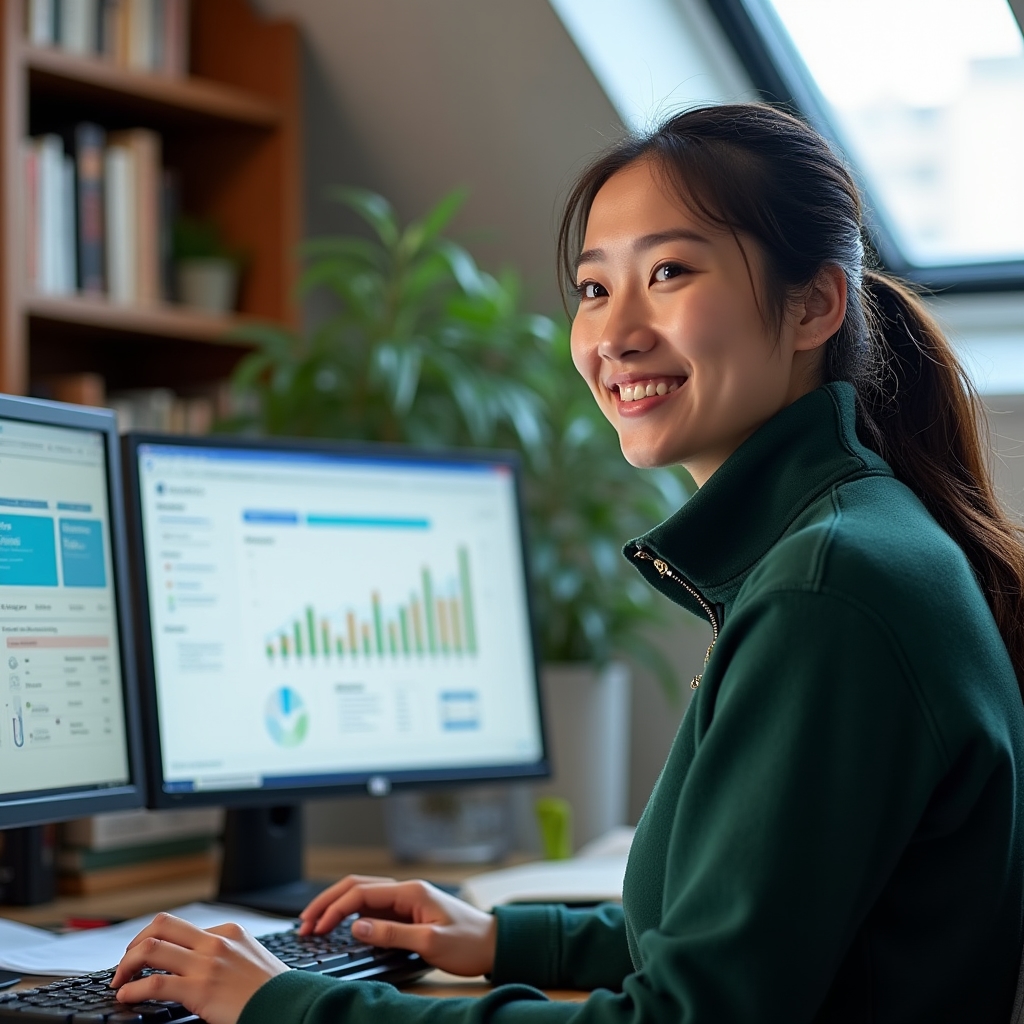 Developer setting up a custom SEO monitoring dashboard on dual screens in a bright collaborative workspace