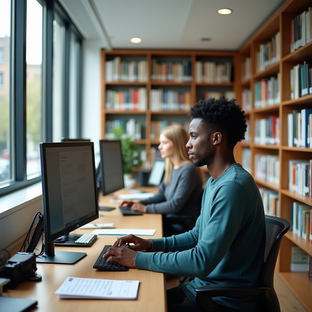 Wide angle view of the Leteda Wihese research workspace with multiple monitors, reference books, and natural light from large windows