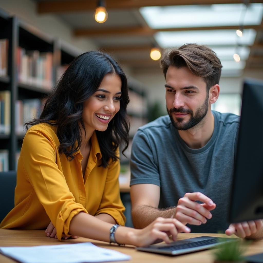 Two millennial professionals collaborating over a shared monitor reviewing SEO data in a library-style workspace with warm overhead lighting